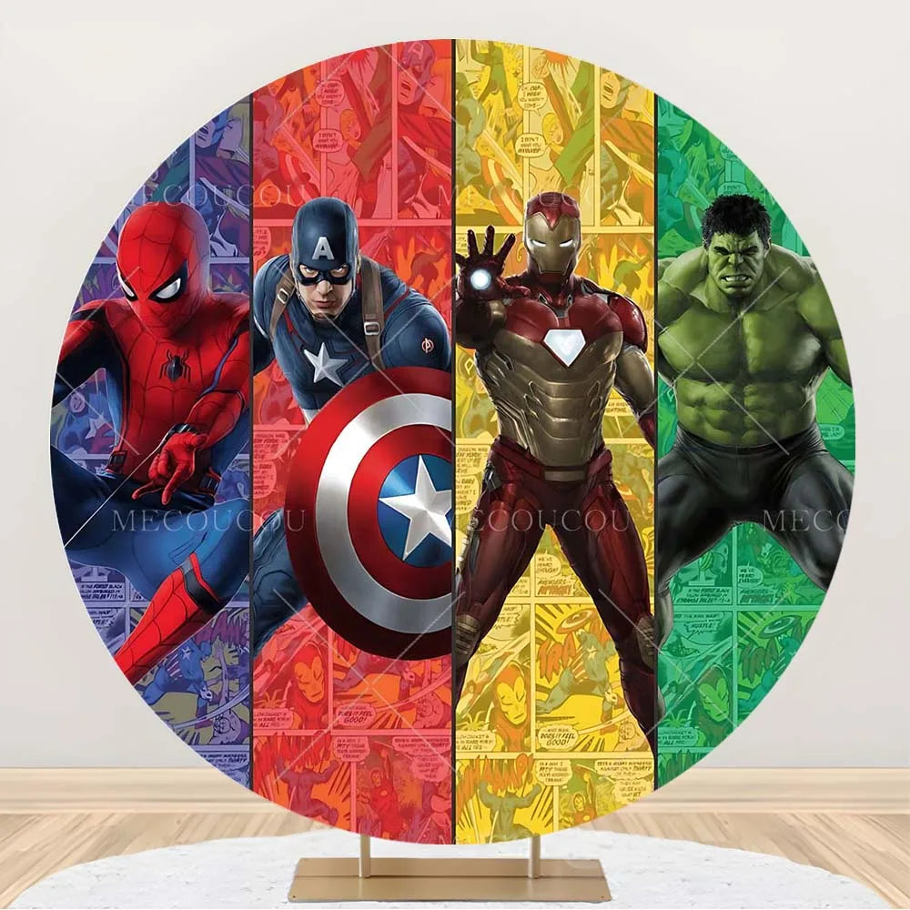 Okrągłe tło Avengers – dekoracja urodzinowa z grupą bohaterów