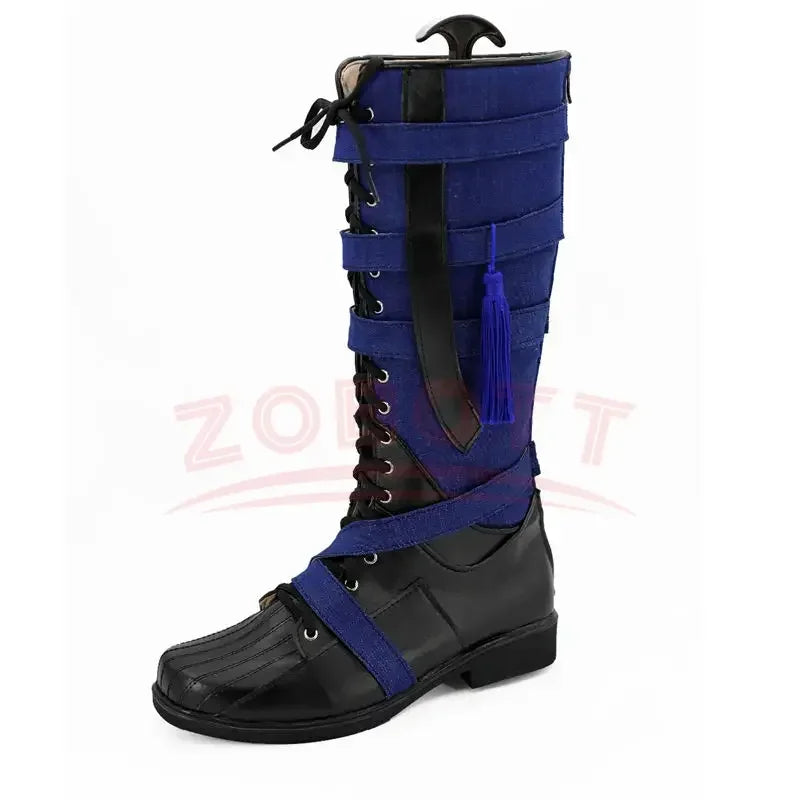 Fantazyjne buty cosplayowe – granatowo-czarna skóra z pomponem (mężczyzna)