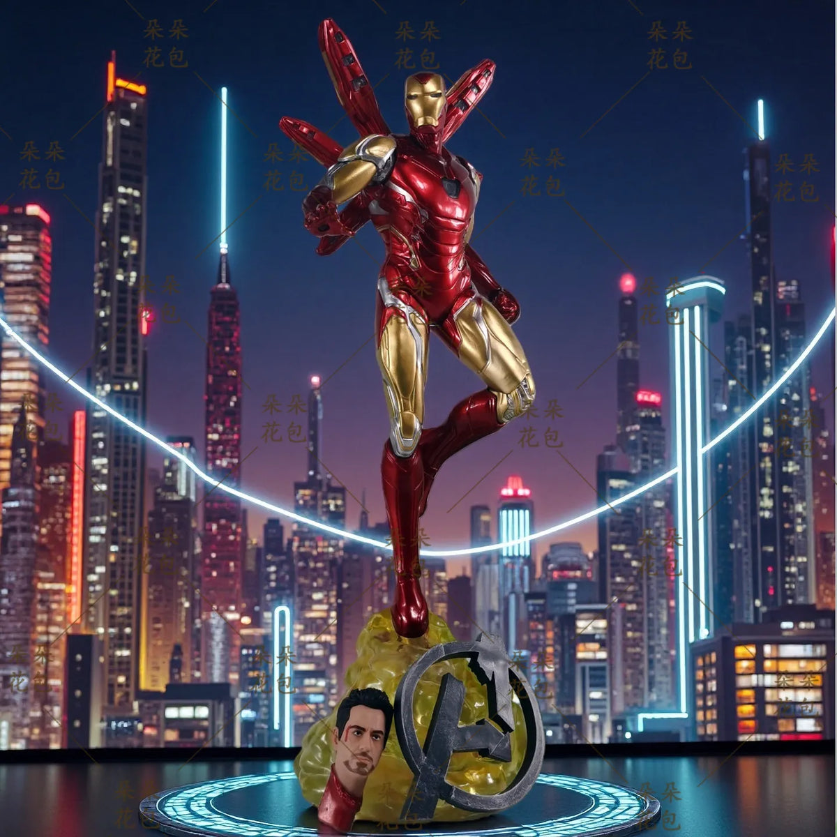 Figurka Iron Mana z podwójną głową LED – nocna panorama Avengers