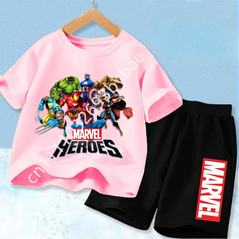 Dziecięcy T-shirt Avengers Marvel Heroes — różowy komplet z grupą bohaterów