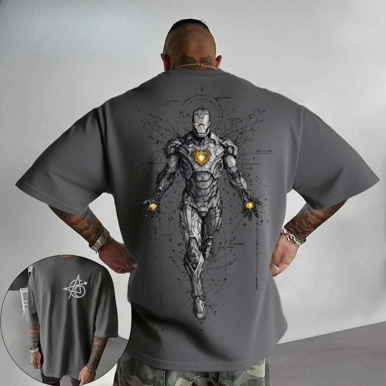 Biały oversize’owy T-shirt Avengers Iron Man – cyberpunkowa grafika liniowa Tech