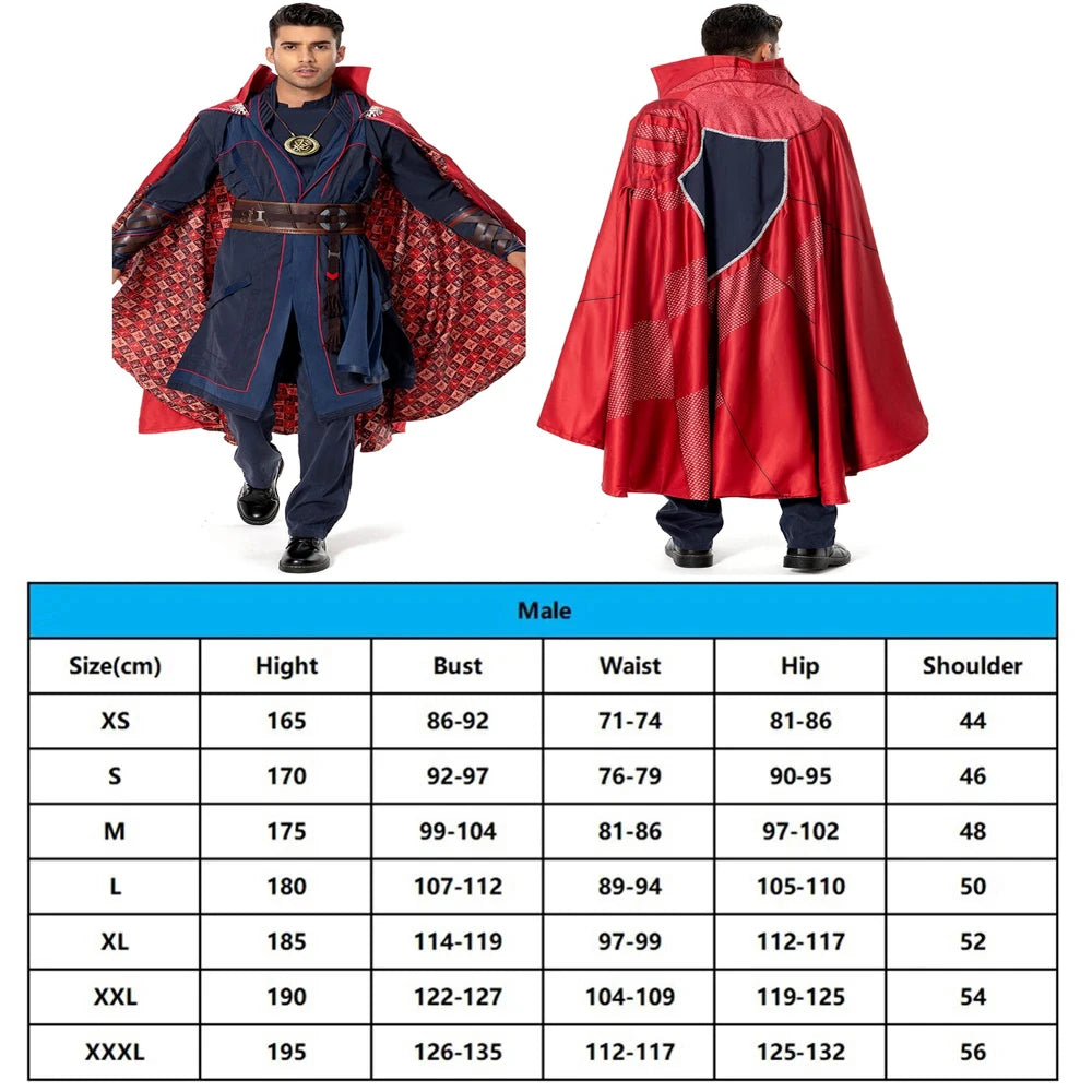 Kostium cosplay Doctor Strange: W multiwersum szaleństwa - czerwona peleryna, niebieska szata, amulet, dla dorosłych