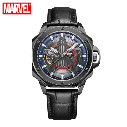 Szkieletowy zegarek Avengers Captain America – czarna koperta, skórzany pasek