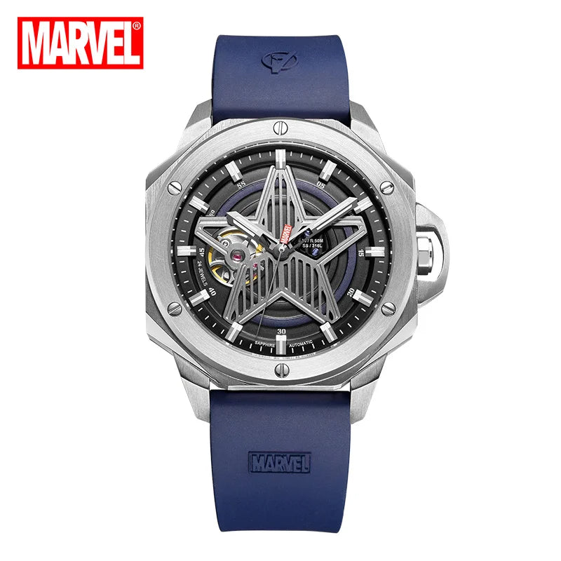 Szkieletowy zegarek Avengers Captain America – srebrna koperta, niebieski pasek