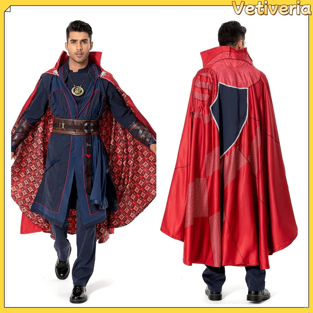 Kostium cosplay Doctor Strange: W multiwersum szaleństwa - czerwona peleryna, niebieska szata, amulet, dla dorosłych