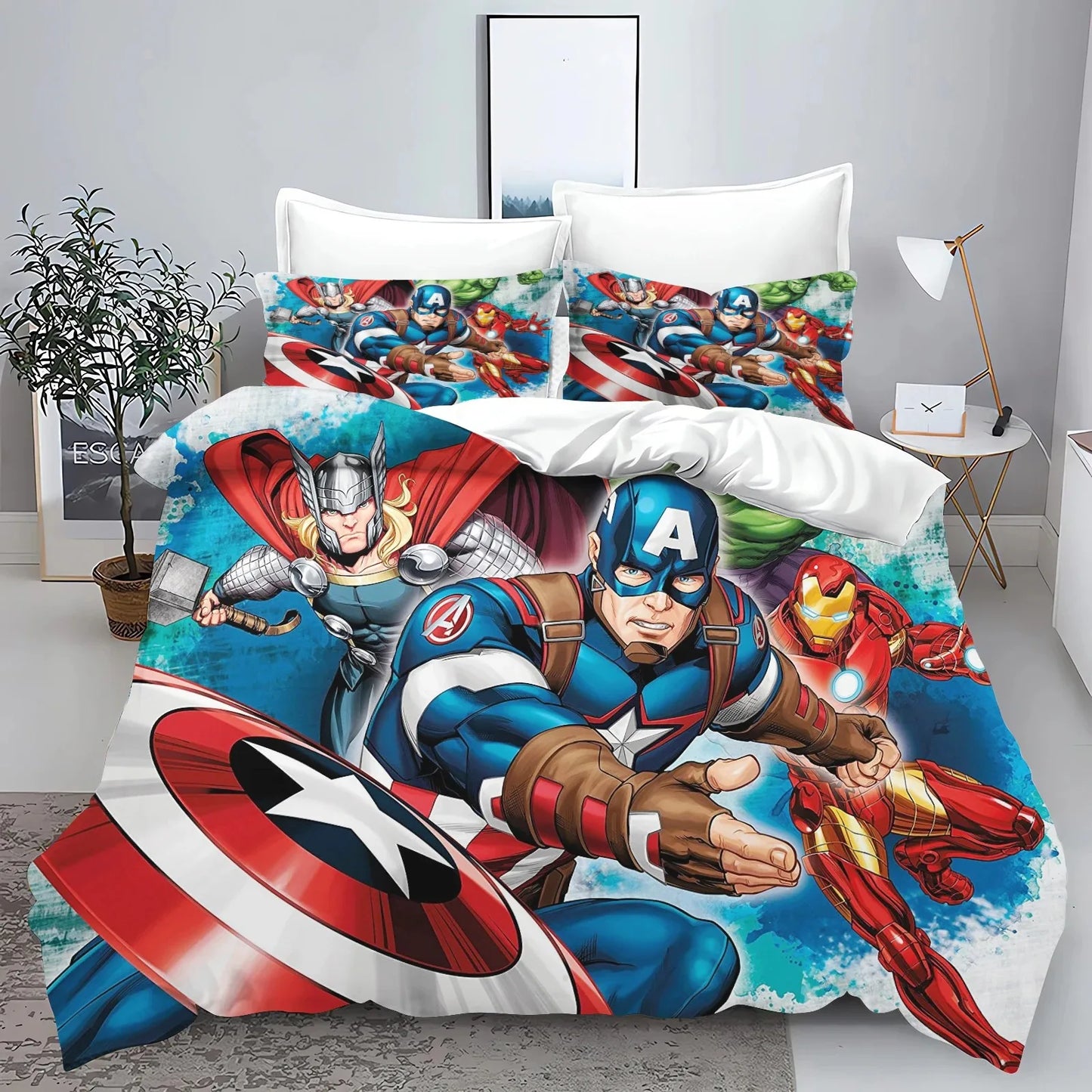 Poszwa na kołdrę Avengers — komiks, niebieskie tło i rozpryski