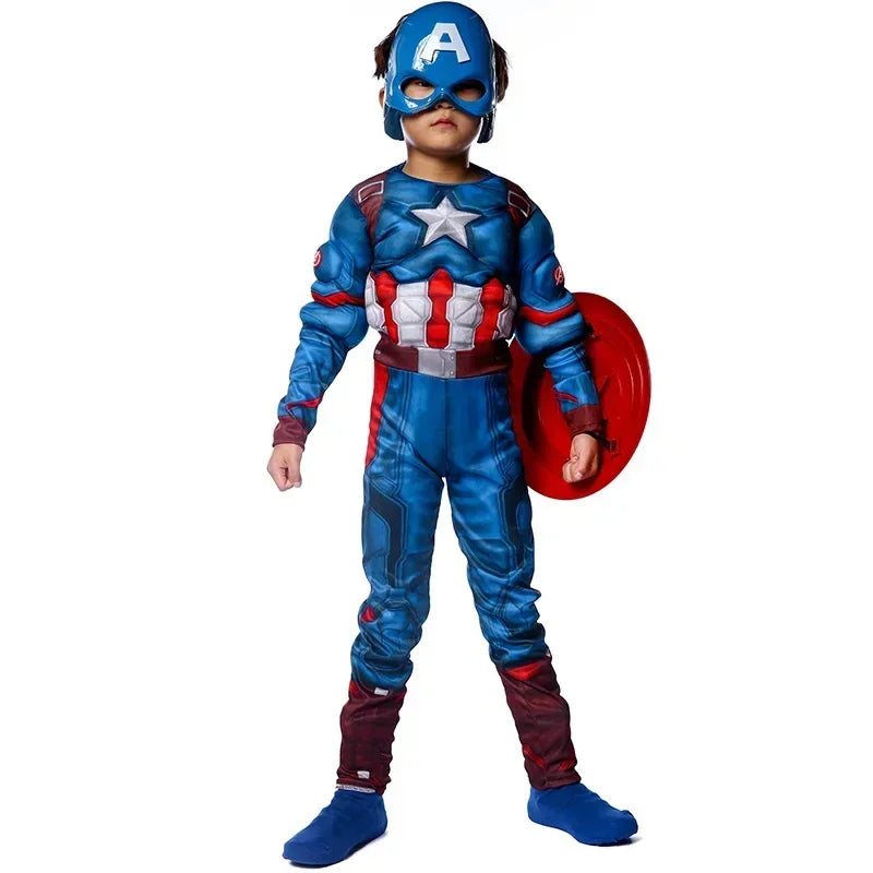 Dziecięcy kostium Captain America — muskularny kombinezon z tarczą