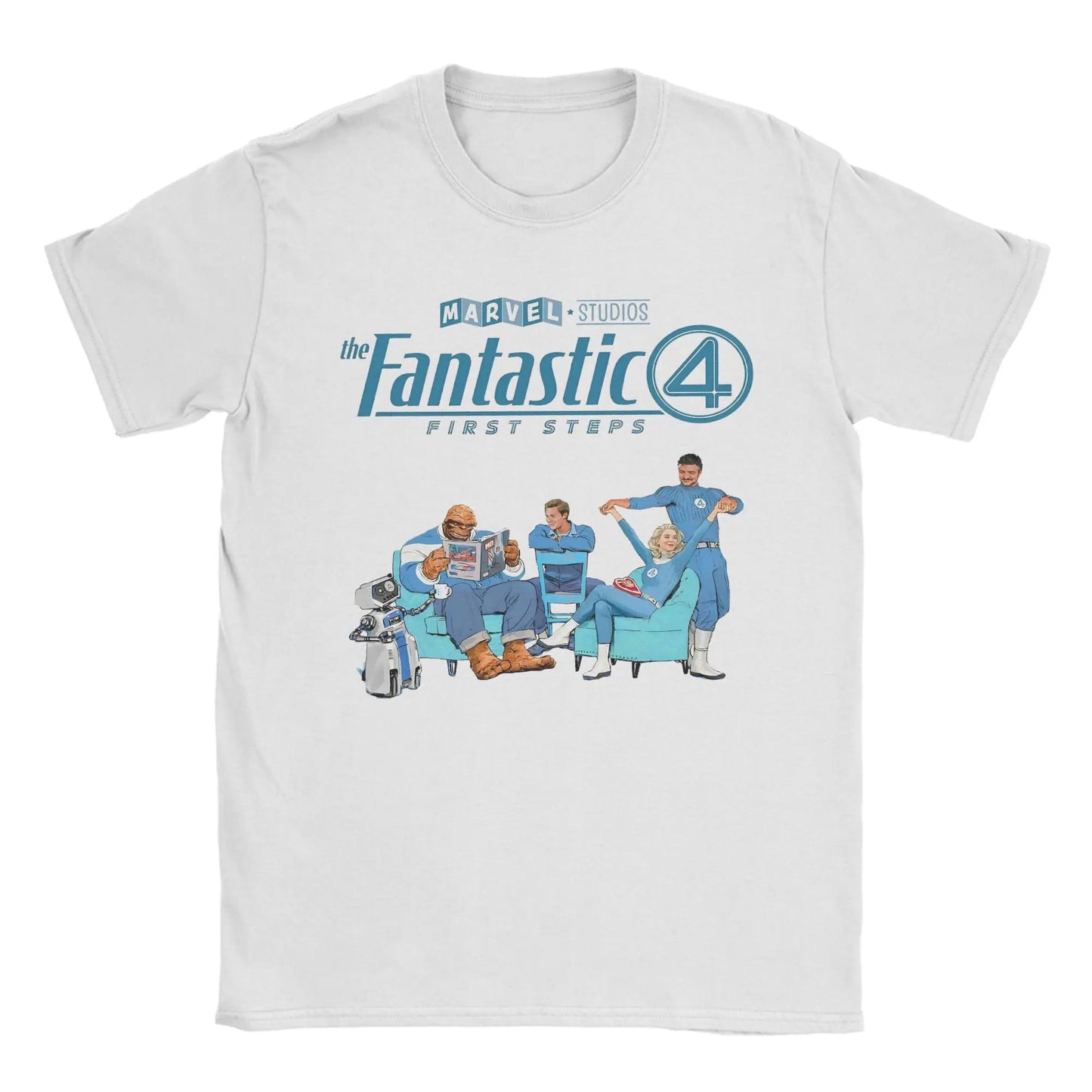 T-shirt The Fantastic 4 First Steps – retro niebieski plakat, unisex