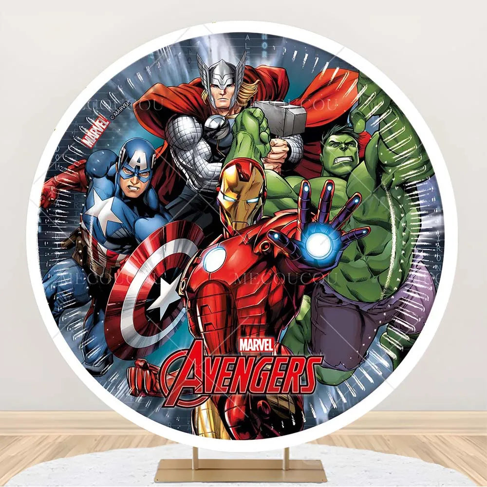 Okrągłe tło Avengers – dekoracja urodzinowa z grupą bohaterów