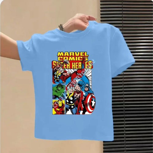 Dziecięcy T-shirt Avengers - wzór grupowy, błękitny