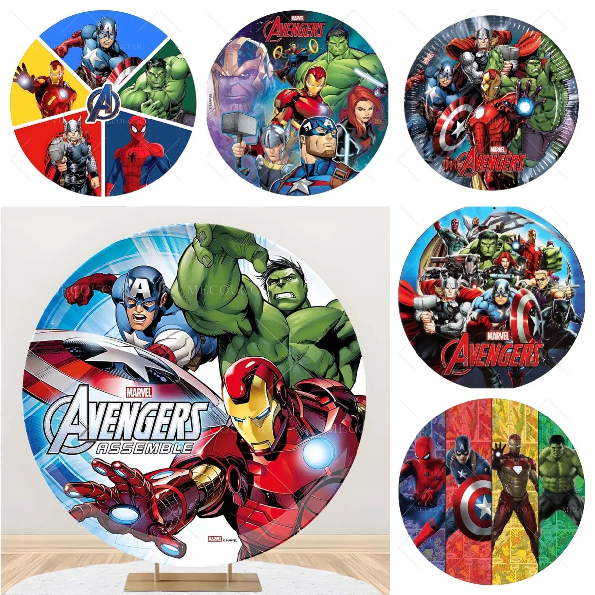 Okrągłe tło Avengers – dekoracja urodzinowa z grupą bohaterów