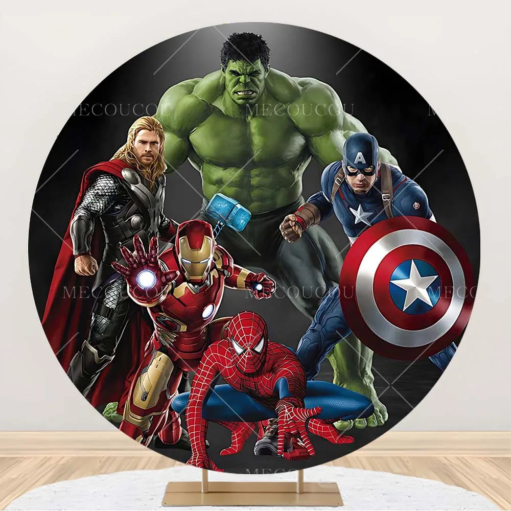 Okrągłe tło Avengers – dekoracja urodzinowa z grupą bohaterów
