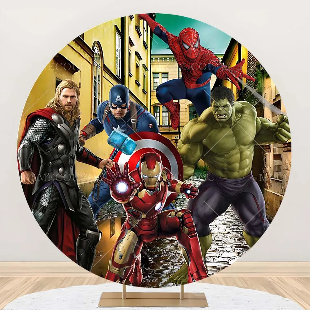 Okrągłe tło Avengers – dekoracja urodzinowa z grupą bohaterów