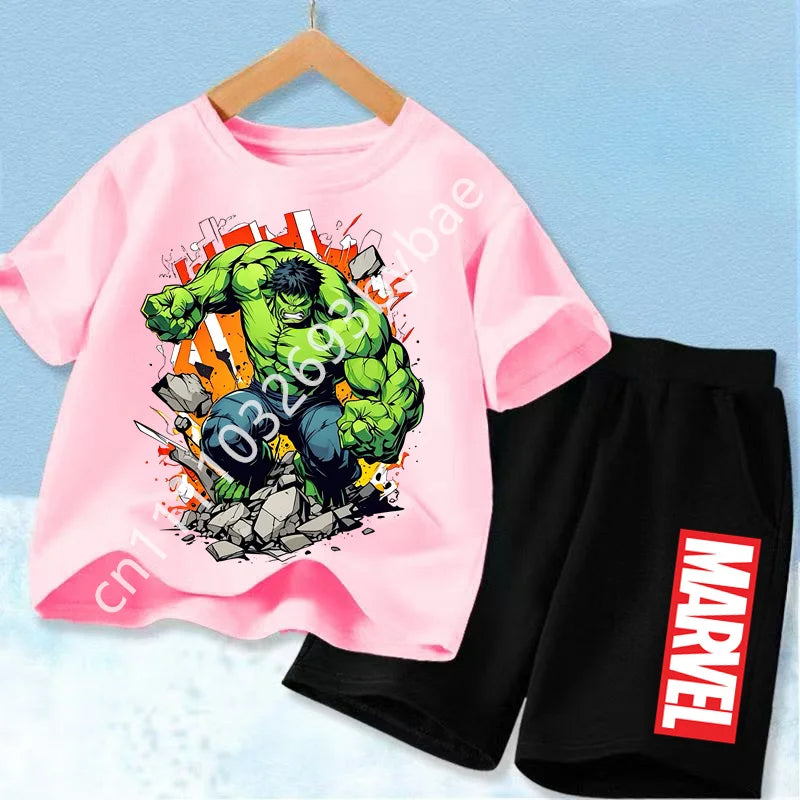 Dziecięcy T-shirt Avengers Hulk — różowy komplet, czarne szorty