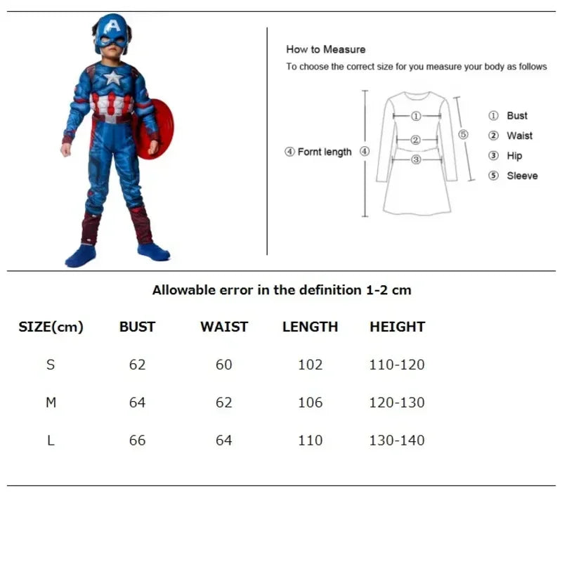 Dziecięcy kostium Captain America — muskularny kombinezon z tarczą