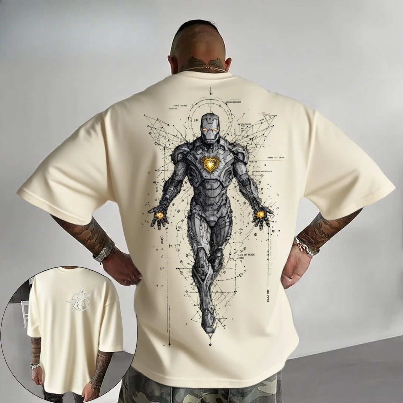 Biały oversize’owy T-shirt Avengers Iron Man – cyberpunkowa grafika liniowa Tech