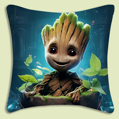 Poszewka na poduszkę Baby Groot — uśmiechający się w doniczce, niebieskie tło