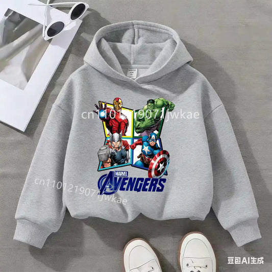 Dziecięca bluza z kapturem Avengers, 4 bohaterów w rombach – szara