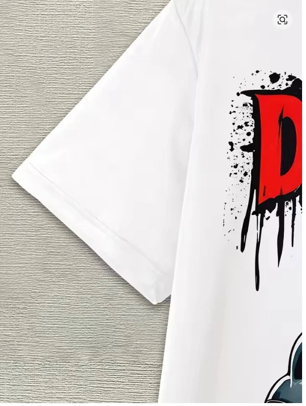 Męski T-shirt Deadpool 3D — kucający z katanami na białym tle