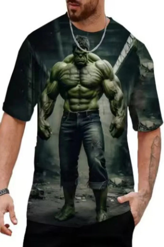 Męski T-shirt 3D Hulk – stojący w ruinach fabryki