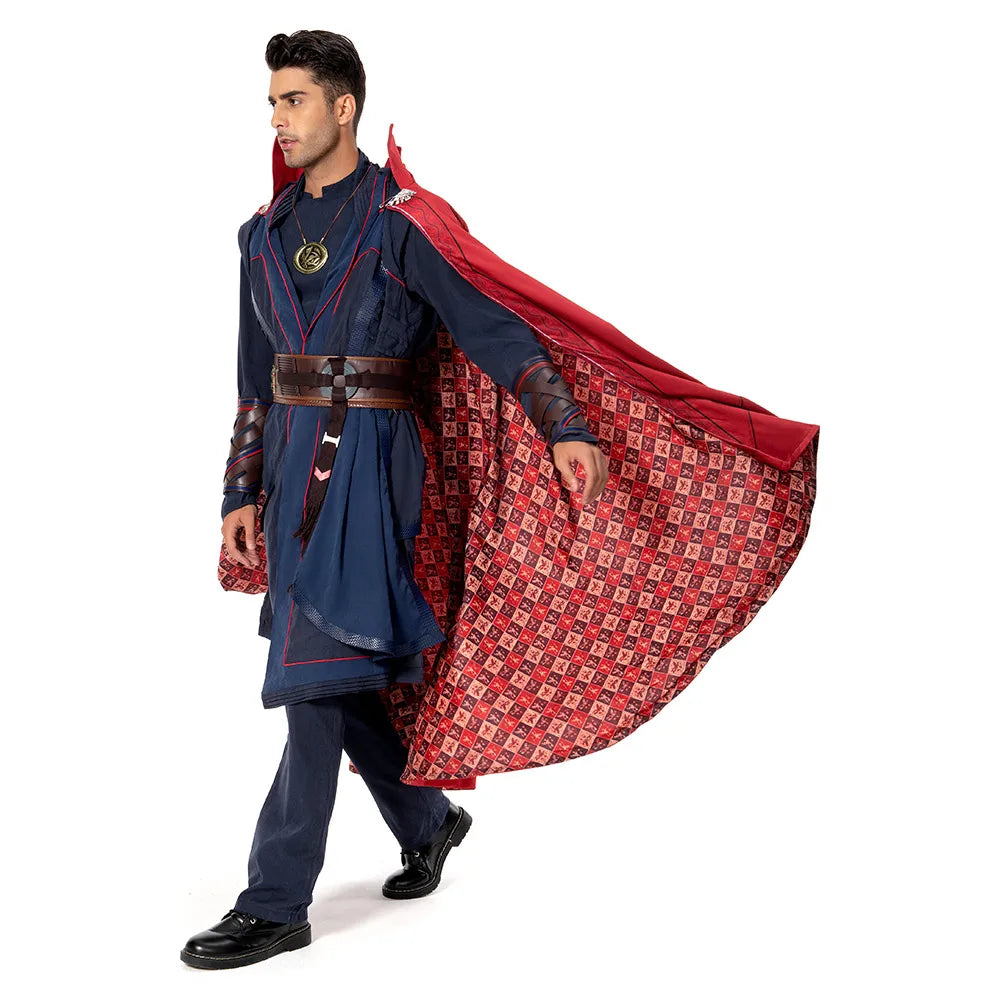 Kostium cosplay Doctor Strange: W multiwersum szaleństwa - czerwona peleryna, niebieska szata, amulet, dla dorosłych