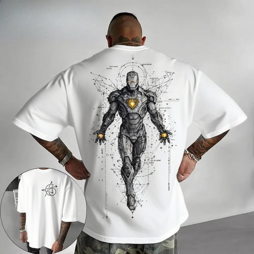 Biały oversize’owy T-shirt Avengers Iron Man – cyberpunkowa grafika liniowa Tech