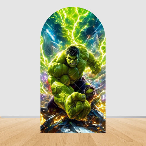 Tło imprezowe z łukiem Avengers Hulk – zielone błyskawice i miasto