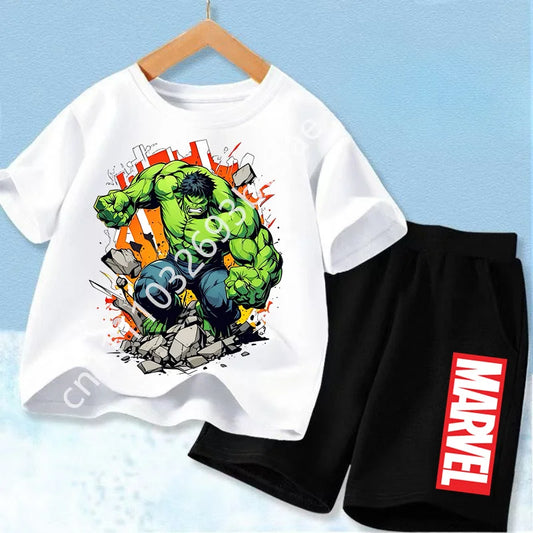 Dziecięcy T-shirt Avengers Hulk — biały komplet, czarne szorty