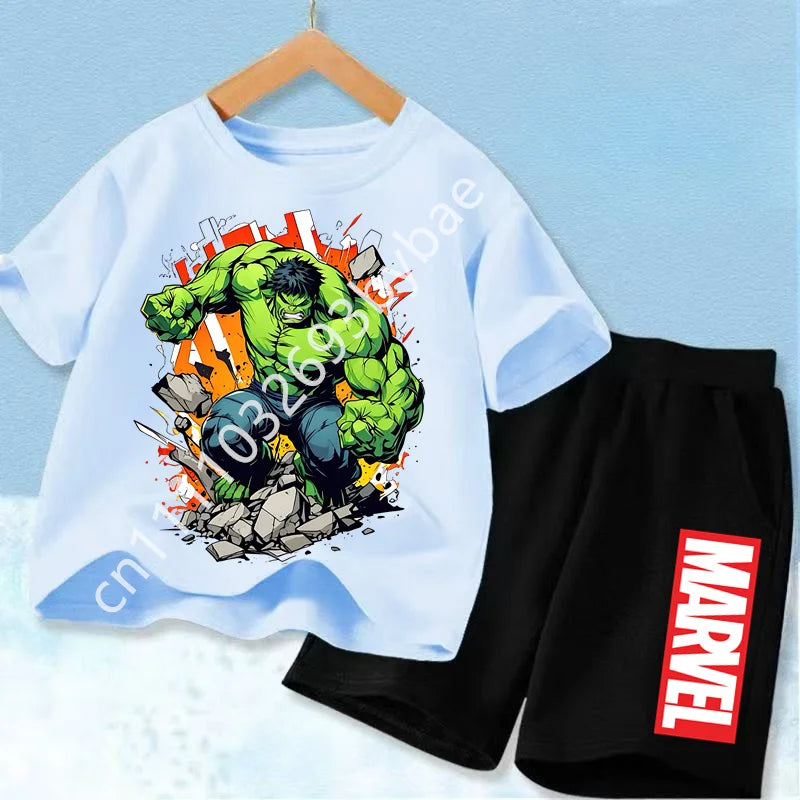 Dziecięcy T-shirt Avengers Hulk — błękitny komplet, czarne szorty
