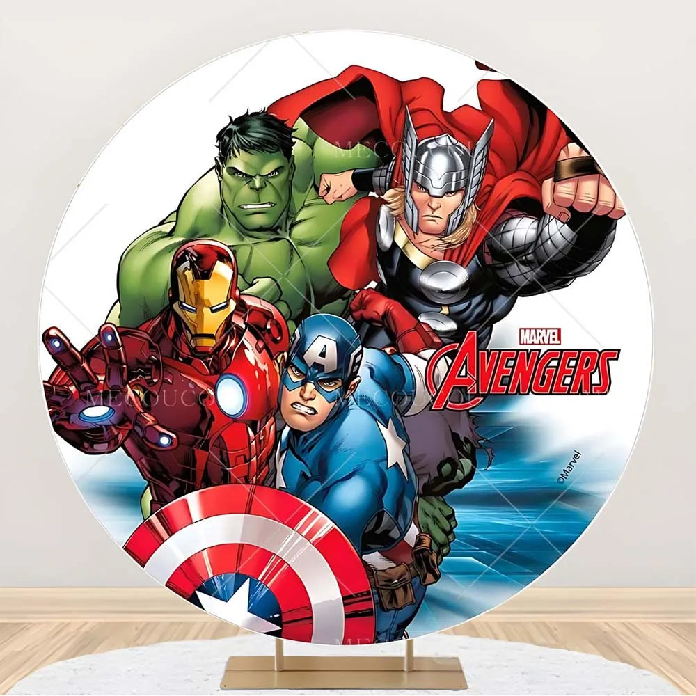 Okrągłe tło Avengers – dekoracja urodzinowa z grupą bohaterów