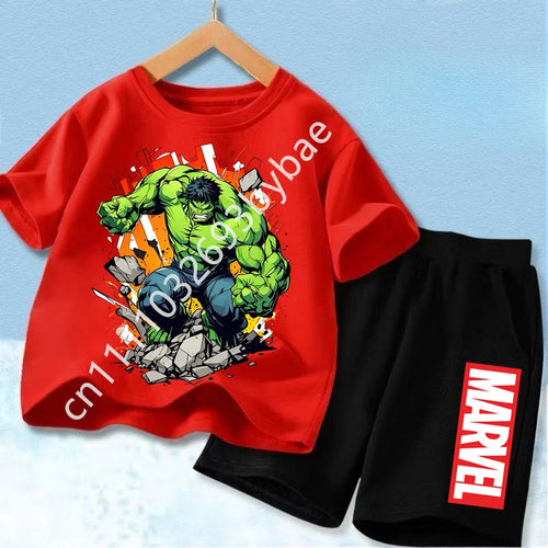 Dziecięcy T-shirt Avengers Hulk — czerwony komplet, czarne szorty