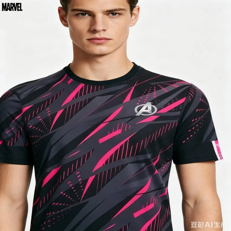 Męska koszulka sportowa Avengers — szybkoschnąca, różowo-czarna