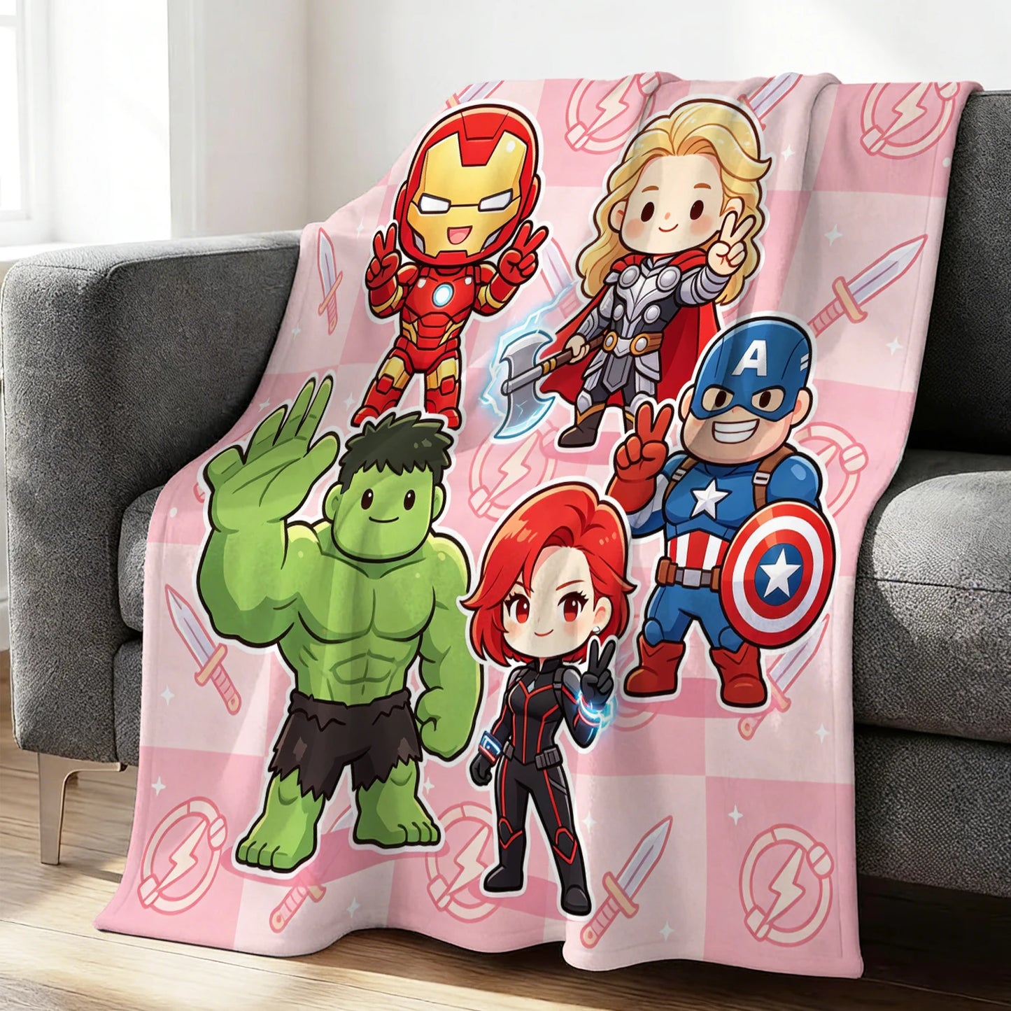 Polarowy koc Avengers Chibi — różowa drużyna