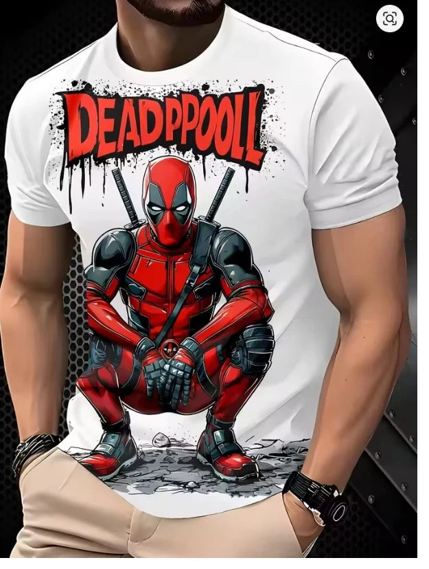 Męski T-shirt Deadpool 3D — kucający z katanami na białym tle