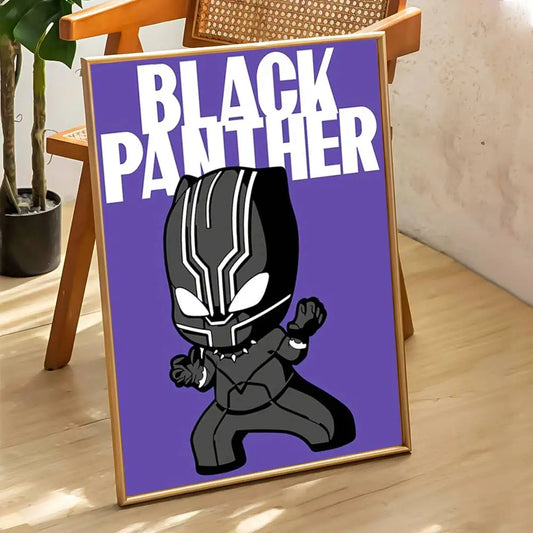Plakat chibi Czarnej Pantery — fioletowe tło