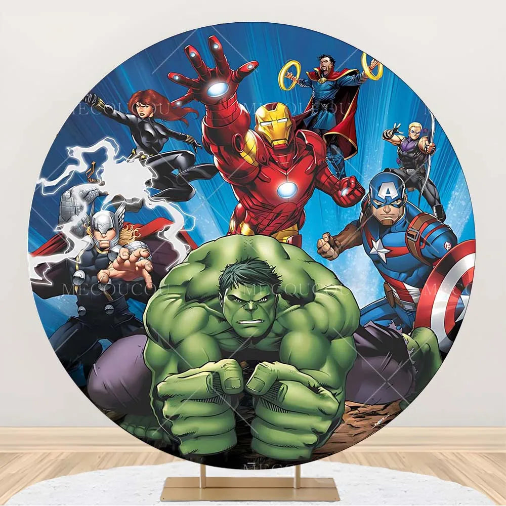 Okrągłe tło Avengers – dekoracja urodzinowa z grupą bohaterów
