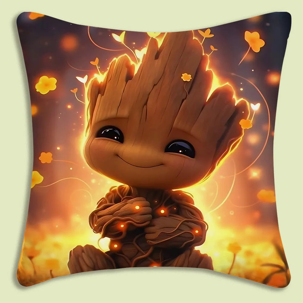 Poszewka na poduszkę Baby Groot – świetliki, złote kwiaty, delikatny wzór