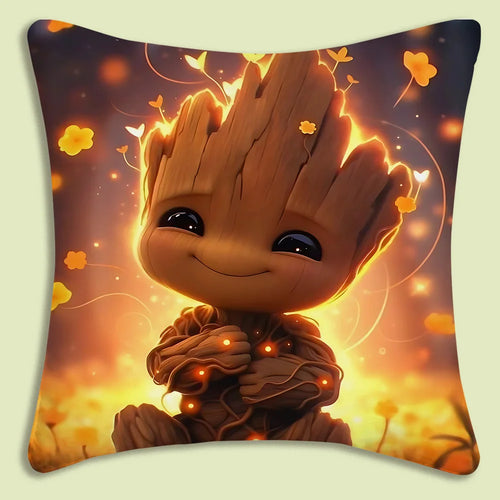 Poszewka na poduszkę Baby Groot – świetliki, złote kwiaty, delikatny wzór