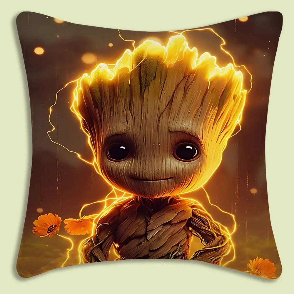 Poszewka na poduszkę Baby Groot – złoty elektryczny kontur, kwiaty