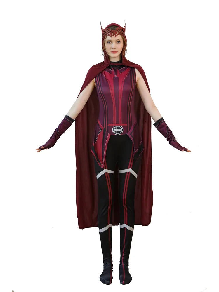 Kostium cosplayowy Wanda Maximoff Scarlet Witch – czerwony kombinezon, peleryna i nakrycie głowy