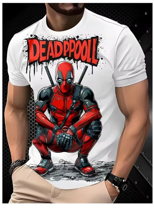 Męski T-shirt Deadpool 3D — kucający z katanami na białym tle