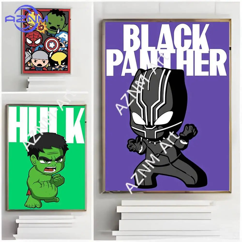 Plakat chibi Marvel Heroes — grupa bohaterów, czerwona ramka