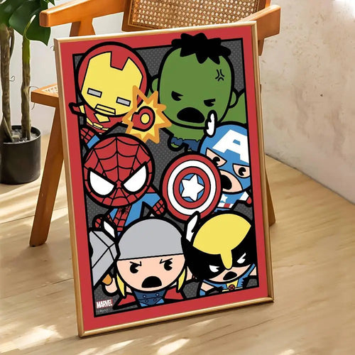 Plakat chibi Marvel Heroes — grupa bohaterów, czerwona ramka