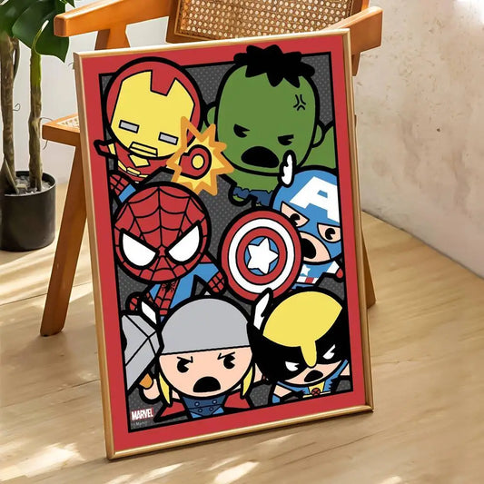 Plakat chibi Marvel Heroes — grupa bohaterów, czerwona ramka