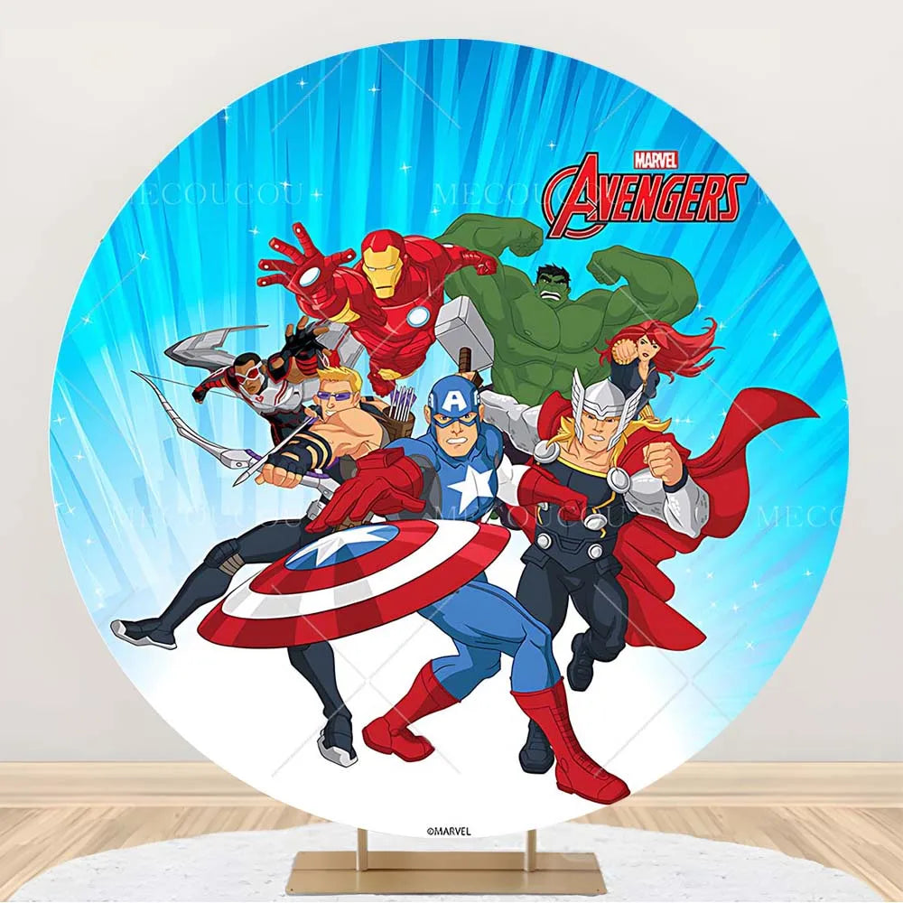 Okrągłe tło Avengers – dekoracja urodzinowa z grupą bohaterów
