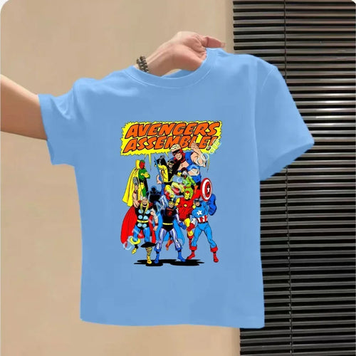 Dziecięcy T-shirt Avengers - wzór drużyny, niebieski