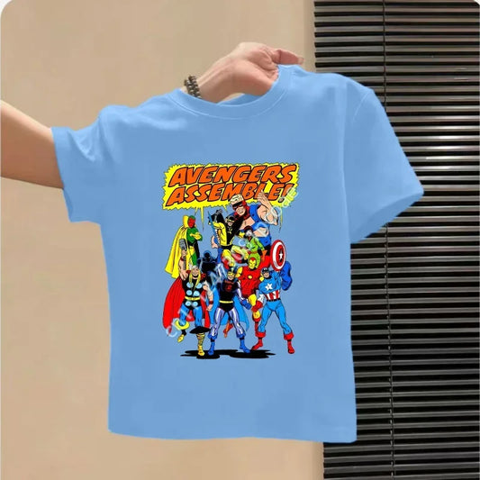 Dziecięcy T-shirt Avengers - wzór drużyny, niebieski