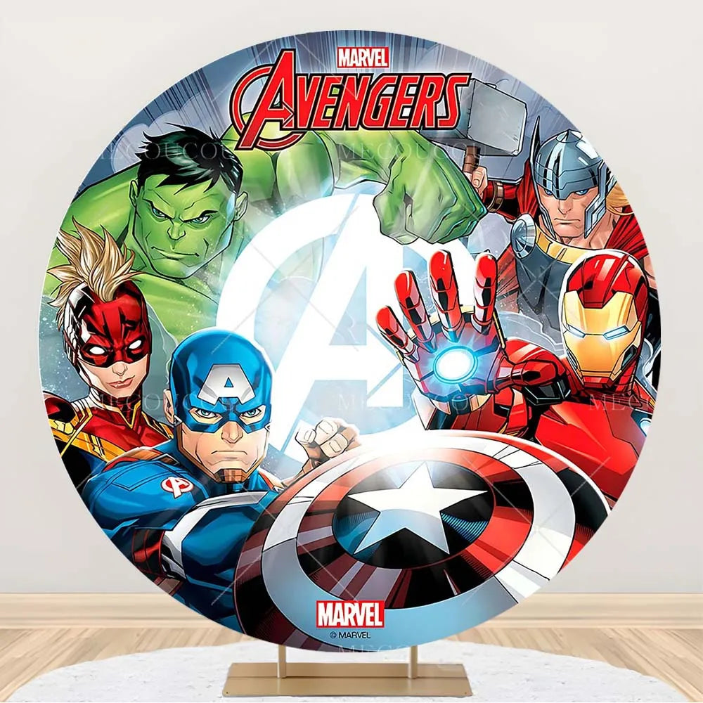 Okrągłe tło Avengers – dekoracja urodzinowa z grupą bohaterów