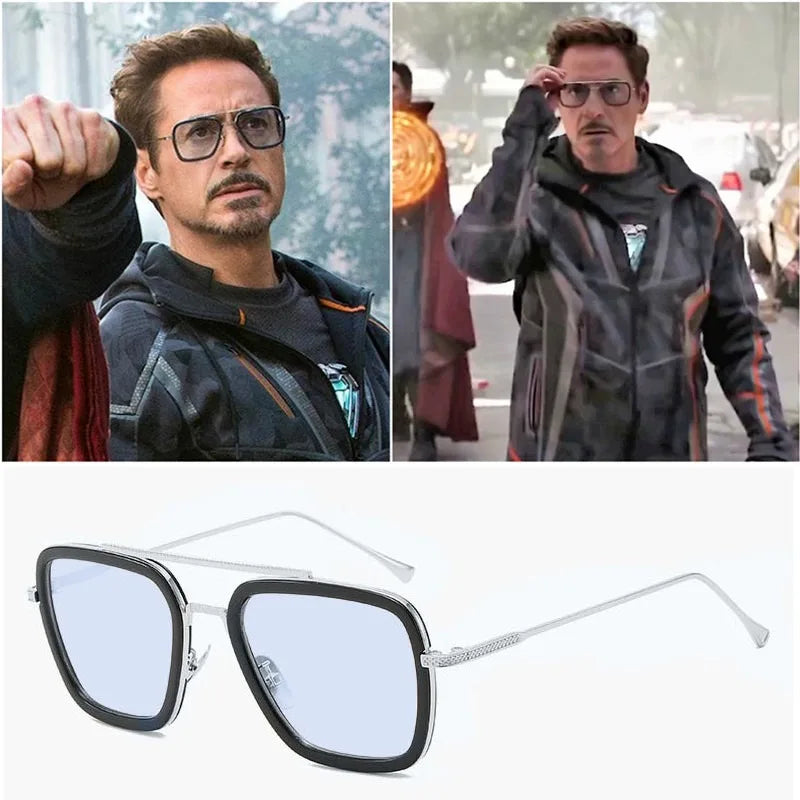 Okulary Avengers Iron Man – styl Edith, srebrne oprawki, niebieskie szkła