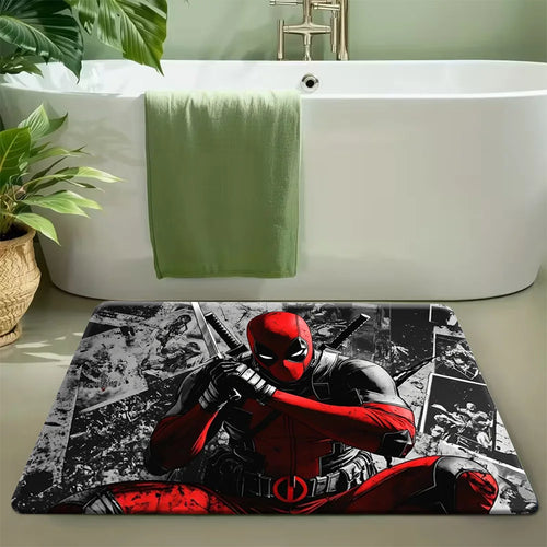 Mata łazienkowa Deadpool – katana, czarno-białe i czerwone komiksowe tło